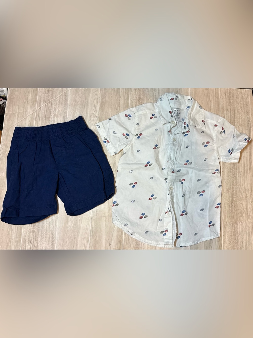 Carter's White Button-Up Shirt with Navy Shorts - Car Print Set